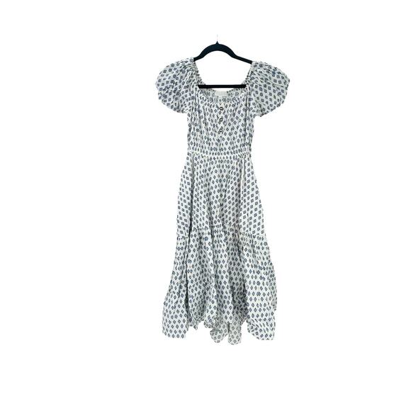 Caroline Consta Bardot Mini Flounce Dress Cap Sleeve Printed White Size XS - Picture 6 of 13